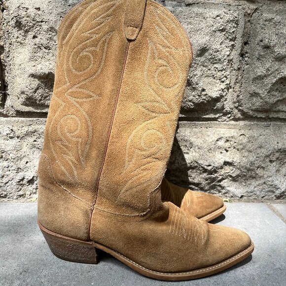 Vintage Acme Cowboy Boots in Tan Roughout Leather, Made in USA - Picture 1 of 11